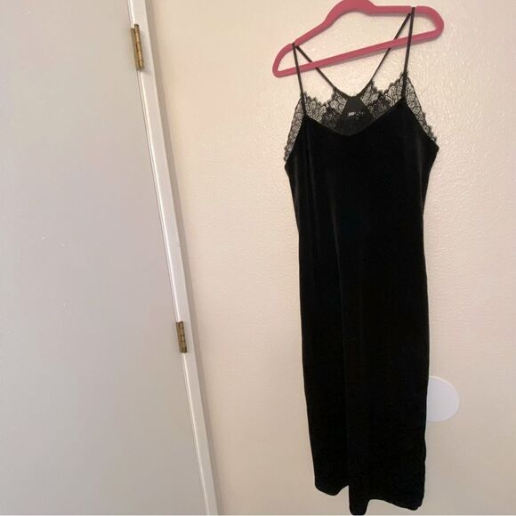 Express stretch Velour velvet black Lace Trim Slip Dress midi maxi side slit XS - Picture 3 of 10